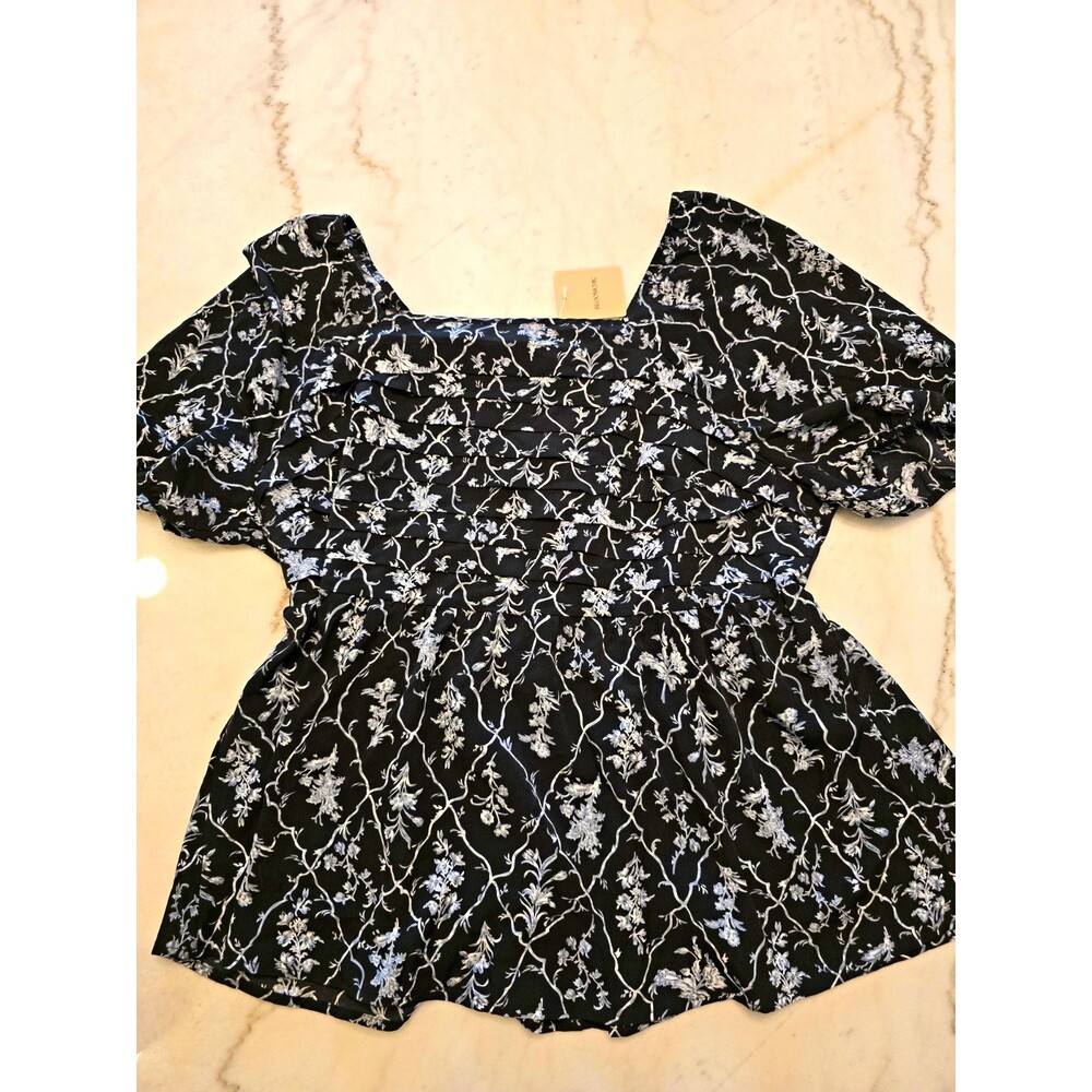 BLOOMCHIC Plus 18 Black White Floral Square Neck Puff Sleeve pleated Blouse